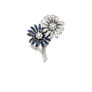 Platinum and 18K Yellow Gold Diamond and Sapphire Brooch