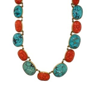 Victorian 14K Yellow Gold Coral and Turquoise Necklace