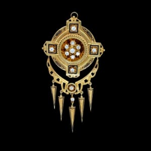 Victorian 14K Yellow Gold Diamond Enamel Brooch/Pendant