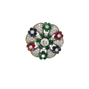18K Yellow Gold Diamond, Emerald, Ruby and Sapphire Brooch
