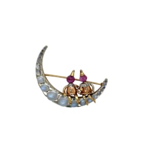 Retro 14K White, Yellow, and Rose Gold Moonstone and Ruby Brooch