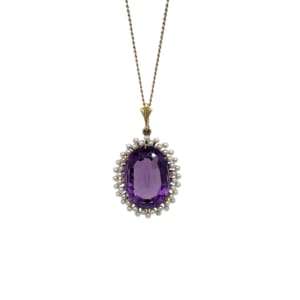 14K Yellow Gold Amethyst and Seed Pearl Pendant