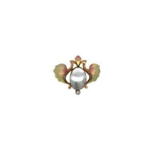 Art Nouveau 14K Yellow Gold Enamel, Mother of Pearl and Diamond Brooch