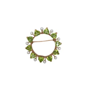 14K Yellow Gold Peridot and Pearl Circle Brooch