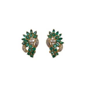 18K Yellow Gold Emerald and Diamond Earrings