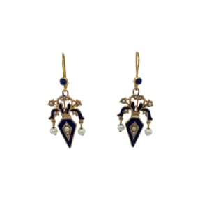 14K Yellow Gold Enamel and Pearl Drop Earrings
