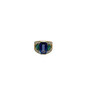 18K Yellow Gold Sapphire Emerald and Diamond Ring