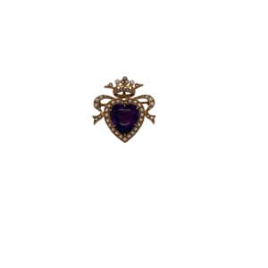 Antique 14K Yellow Gold Amethyst and Seed Pearl Brooch